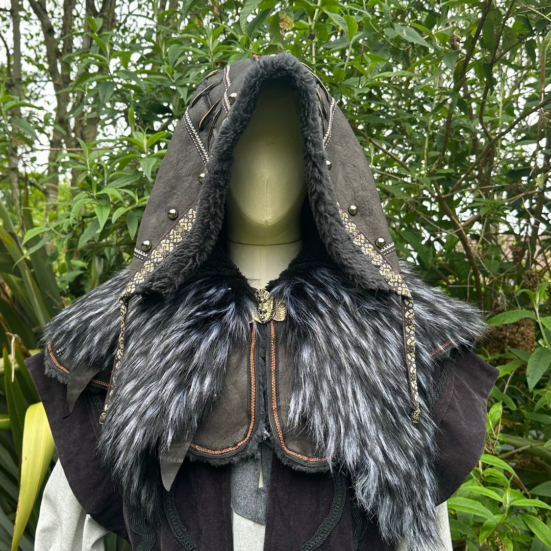 Medieval LARP costume with fur-trimmed hood, detailed front view.