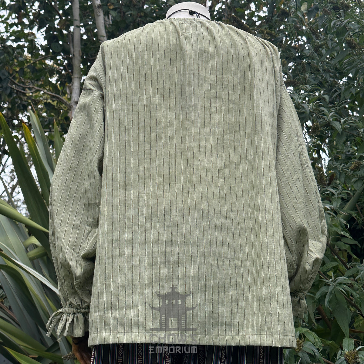 Green medieval LARP shirt in cotton, back view with round neck.