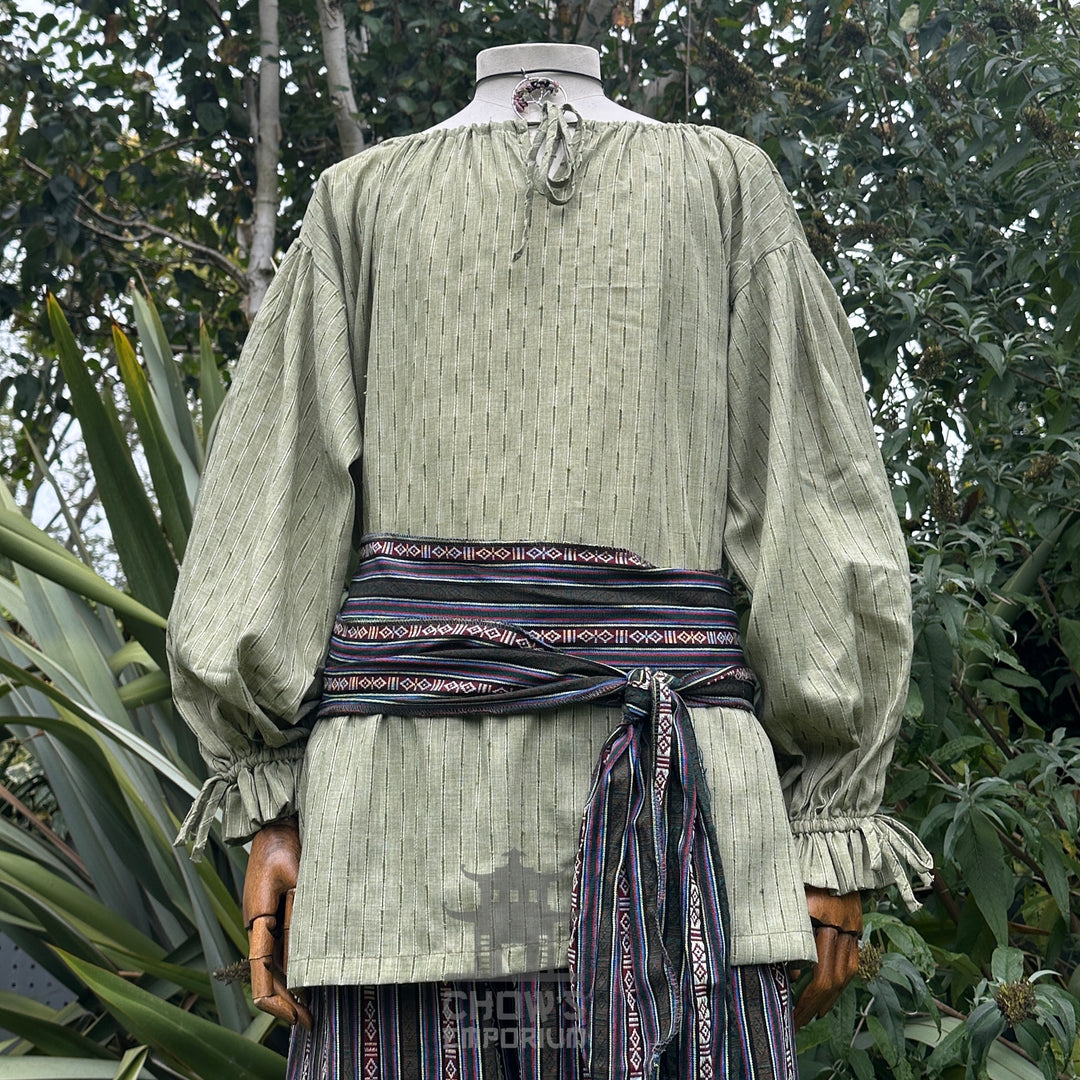 Green round-neck medieval cotton shirt for LARP, front view.