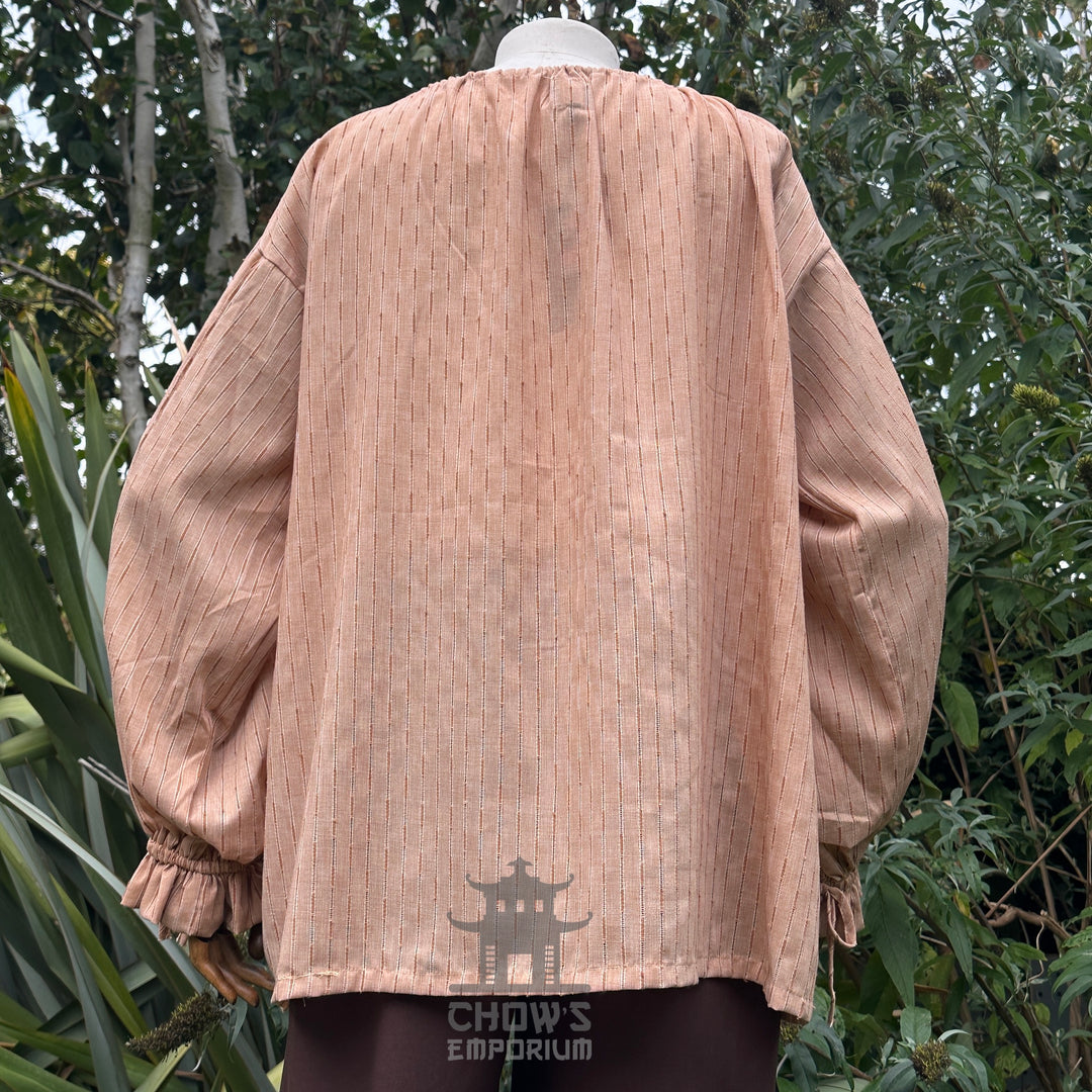 LARP medieval tan cotton round neck shirt, rear angle view.