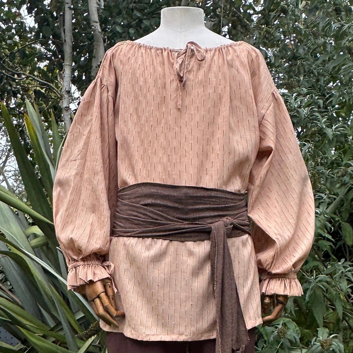 Tan round-neck medieval cotton shirt for LARP, front view.