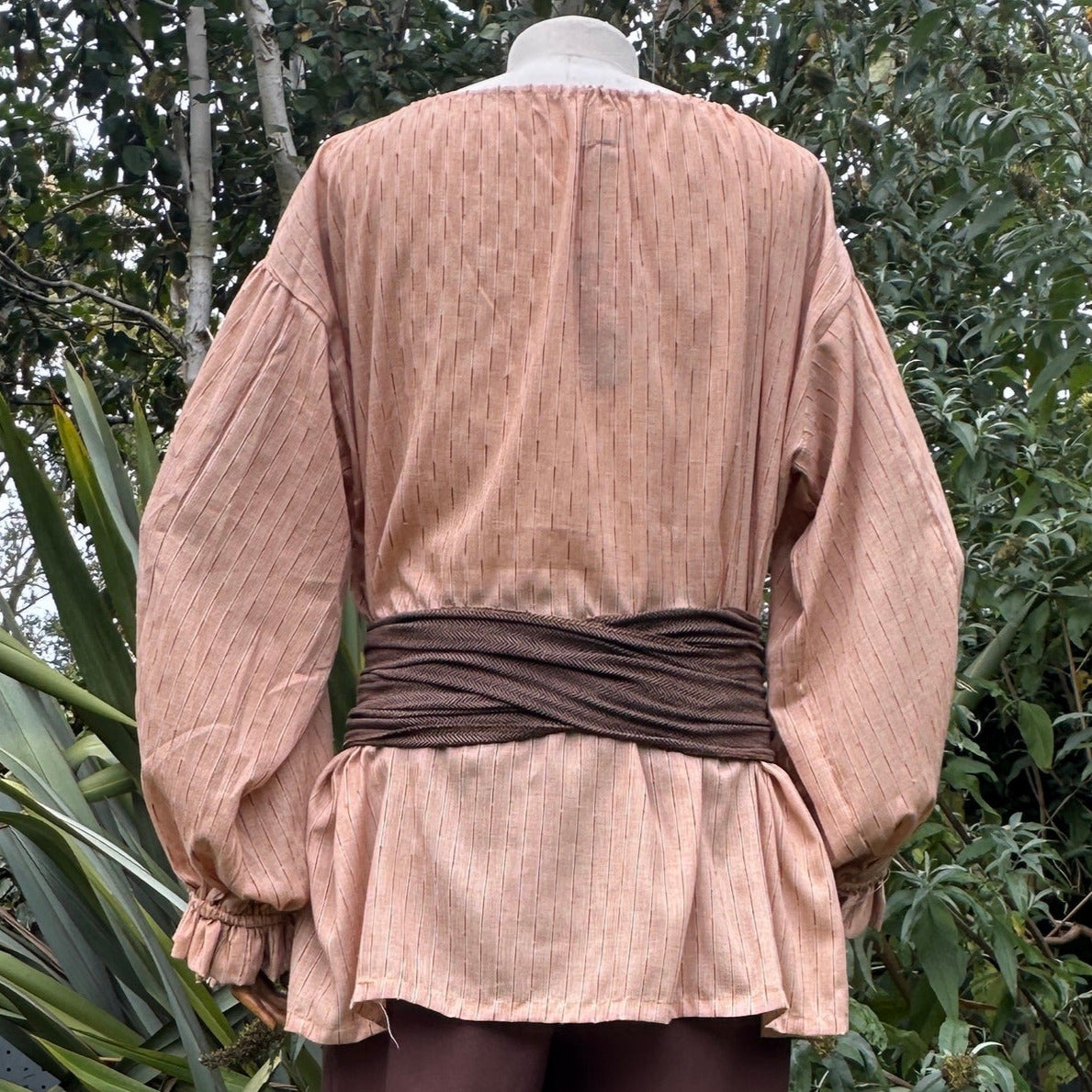 Tan medieval shirt with round neckline for LARP costume.