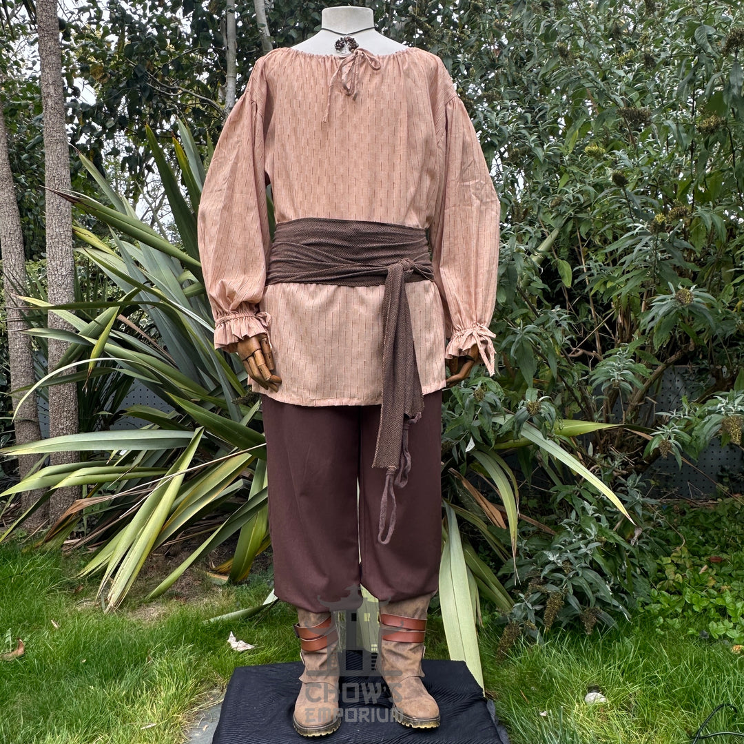 Tan cotton medieval-style shirt with round neck.