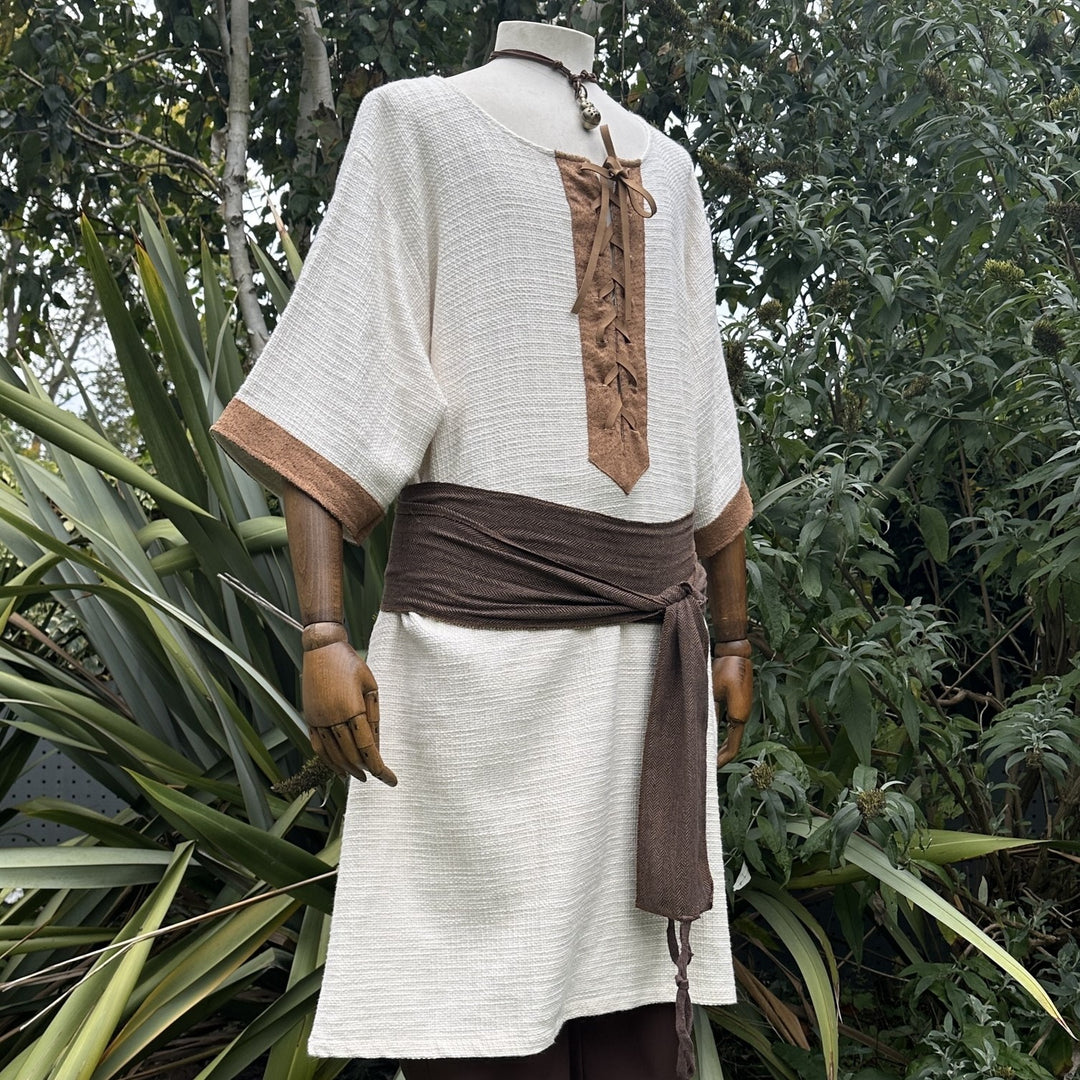 Cream tunic with brown laces and sash, LARP outfit.