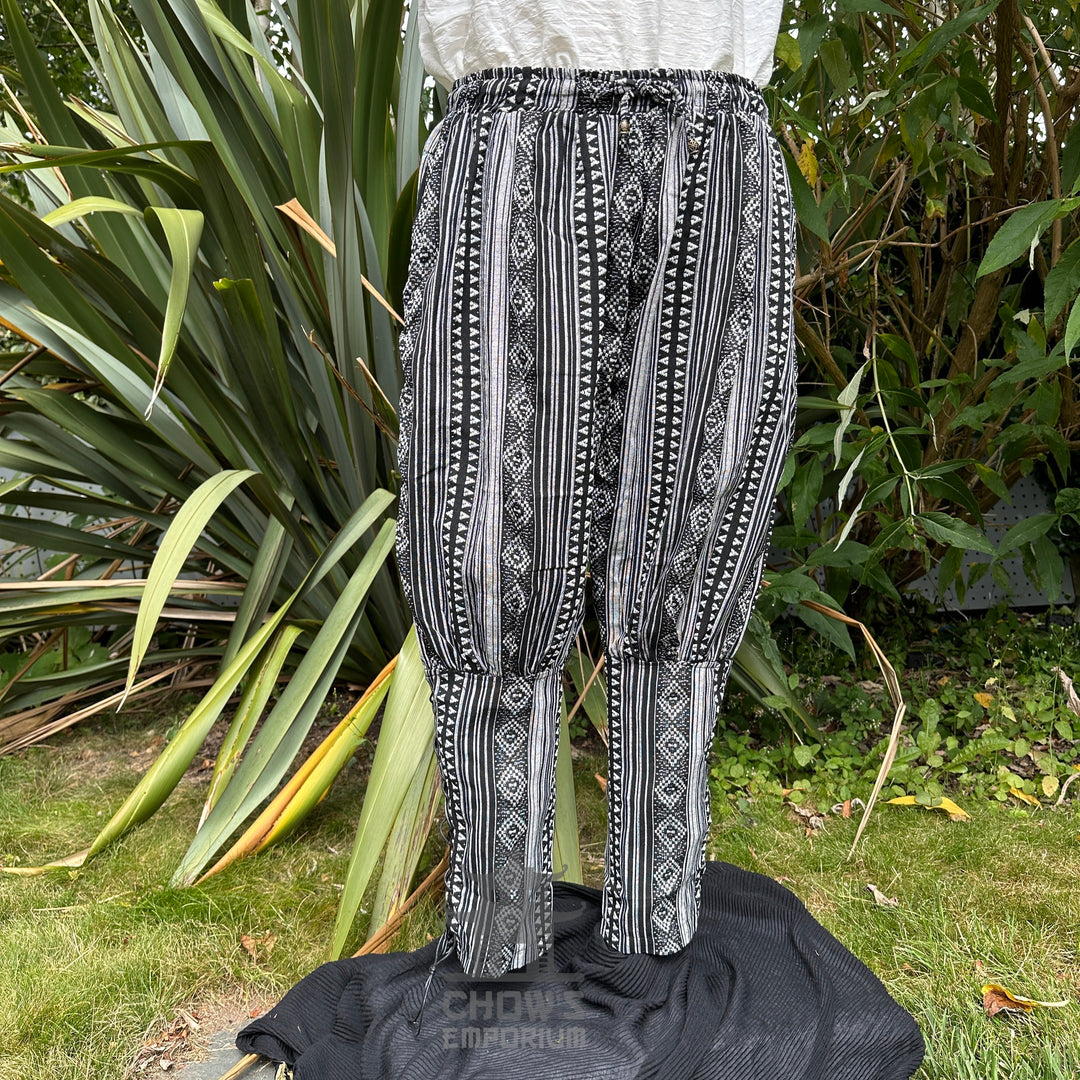 medieval viking pants LARP trousers black white patterned cotton no boots front.