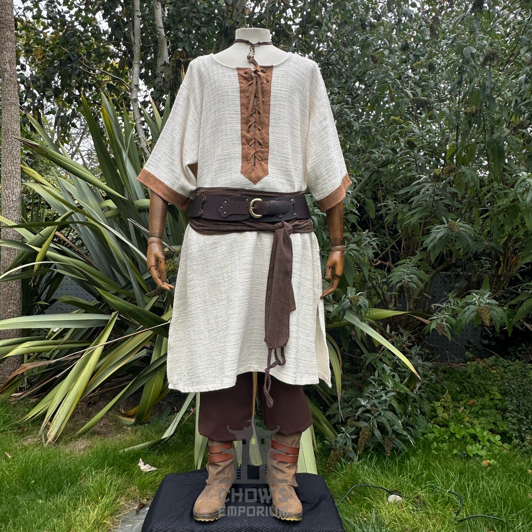 White woven tunic with brown sash and pants for LARP or medieval costume.