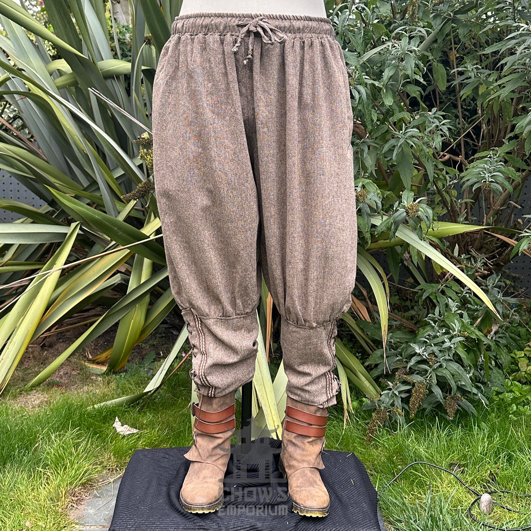 brown wool Viking pants with braided trim for LARP.