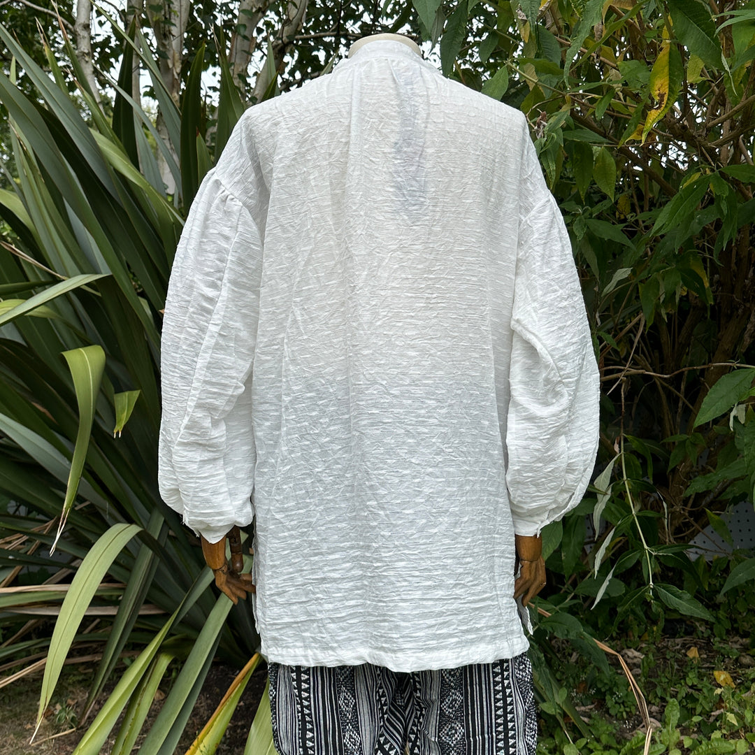 Textured white cotton and linen medieval shirt for LARP, back view.
