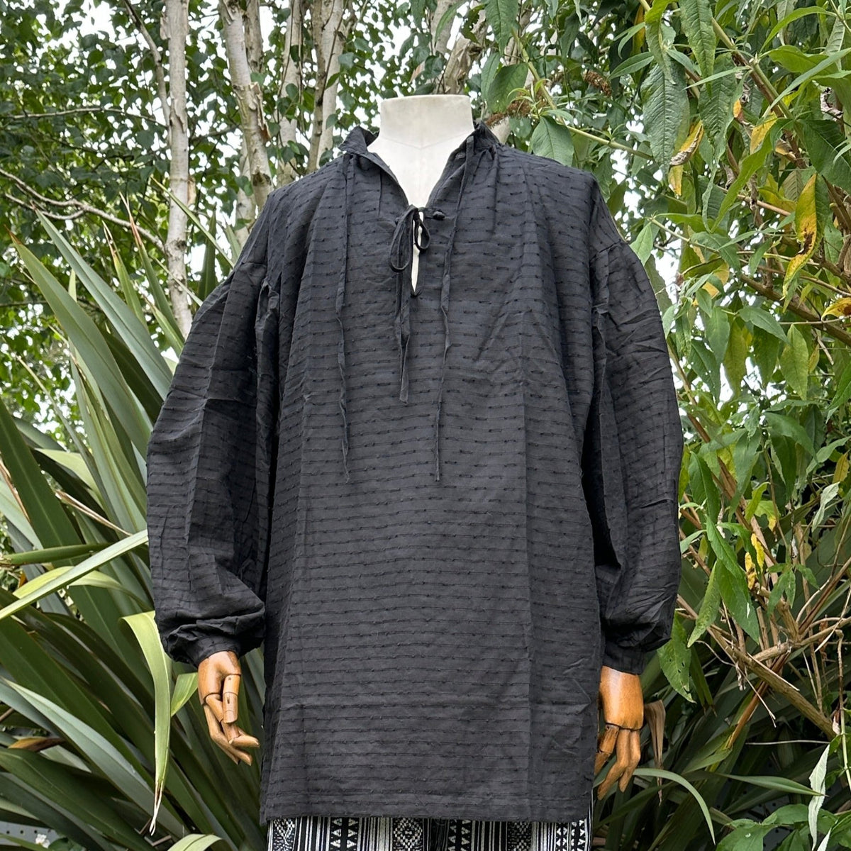 medieval shirt in textured black cotton-linen for fantasy costume.