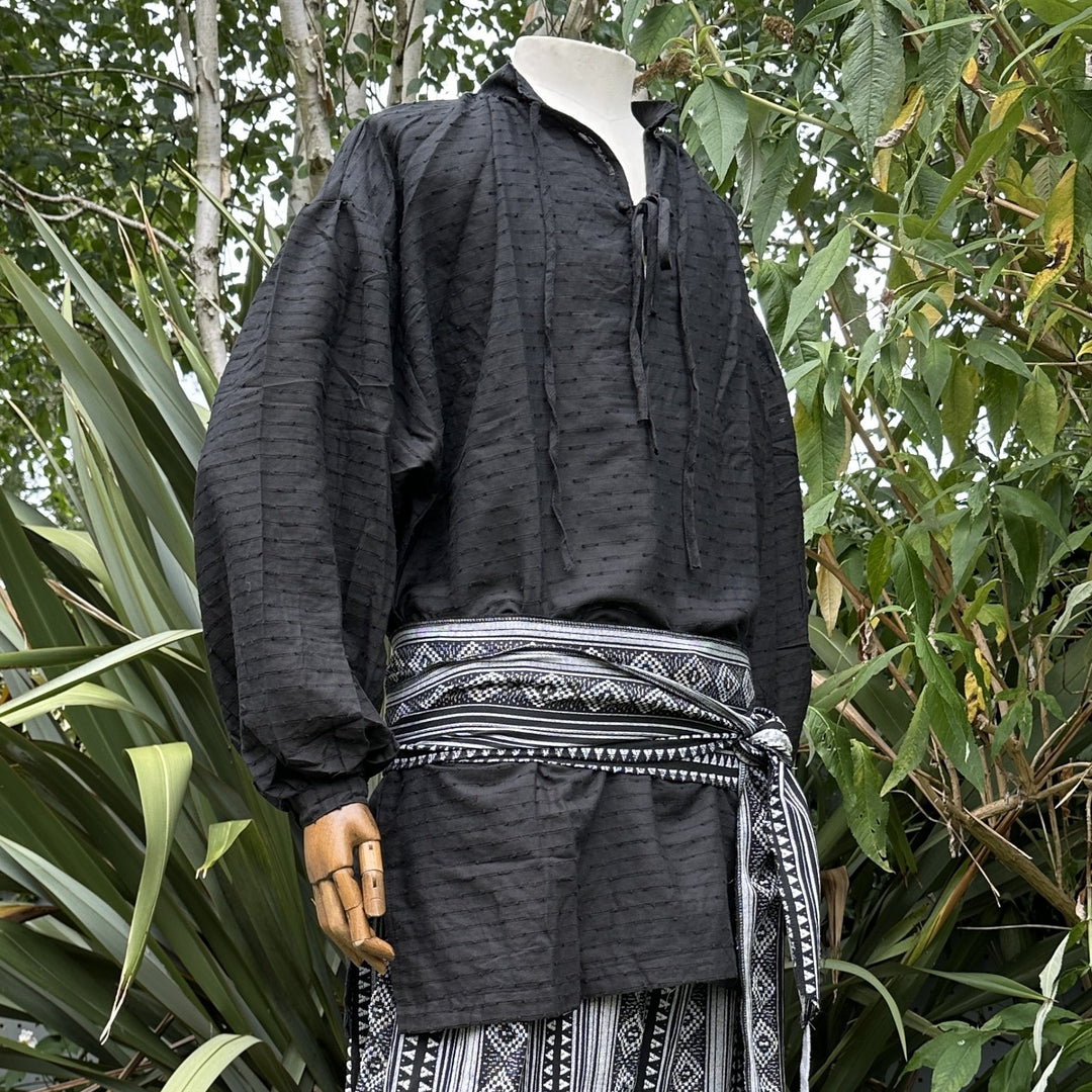 Black textured medieval LARP shirt with detailed waist sash.