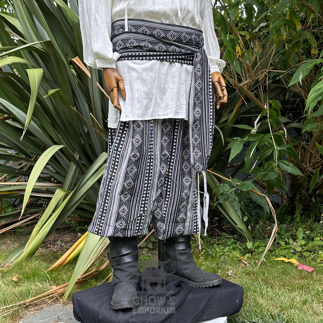 medieval hero pants LARP trousers black white patterned cotton matching sash side.