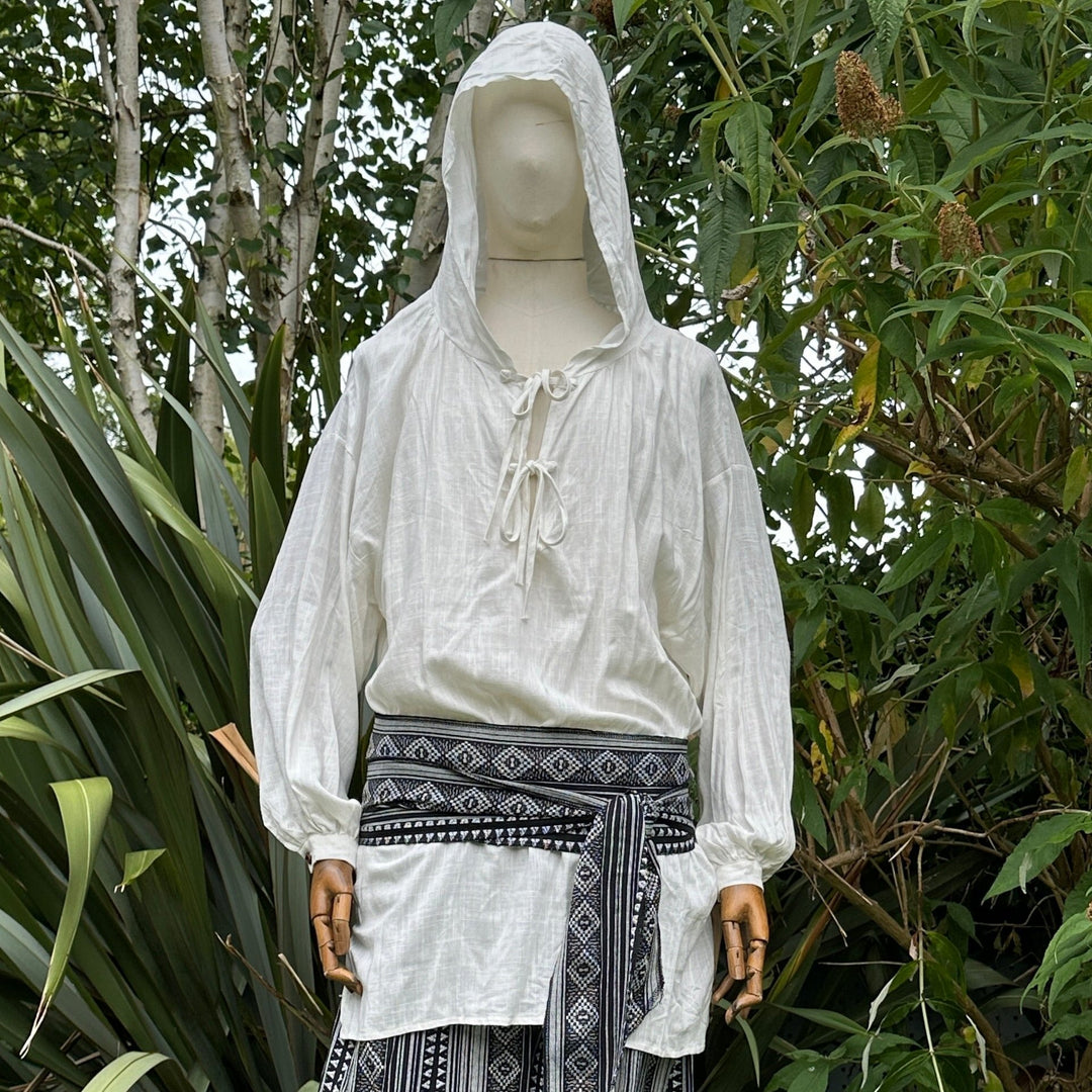 white hooded medieval shirt in cotton linen.