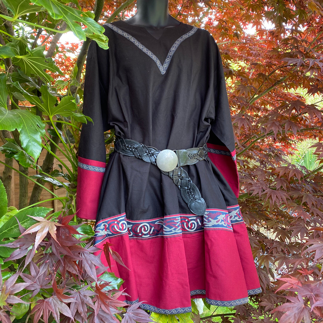 Two tone black and red Viking tunic for LARP with ornate trim.