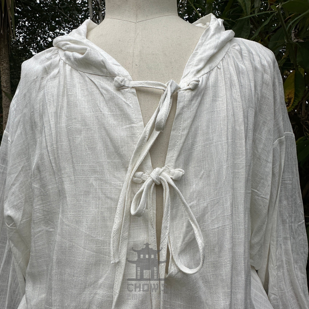 White hooded medieval LARP shirt with ties, front close-up on mannequin.