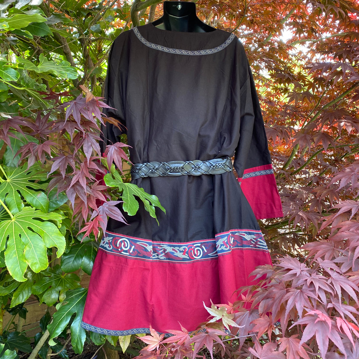 Black and red linen Viking tunic for LARP, front view.