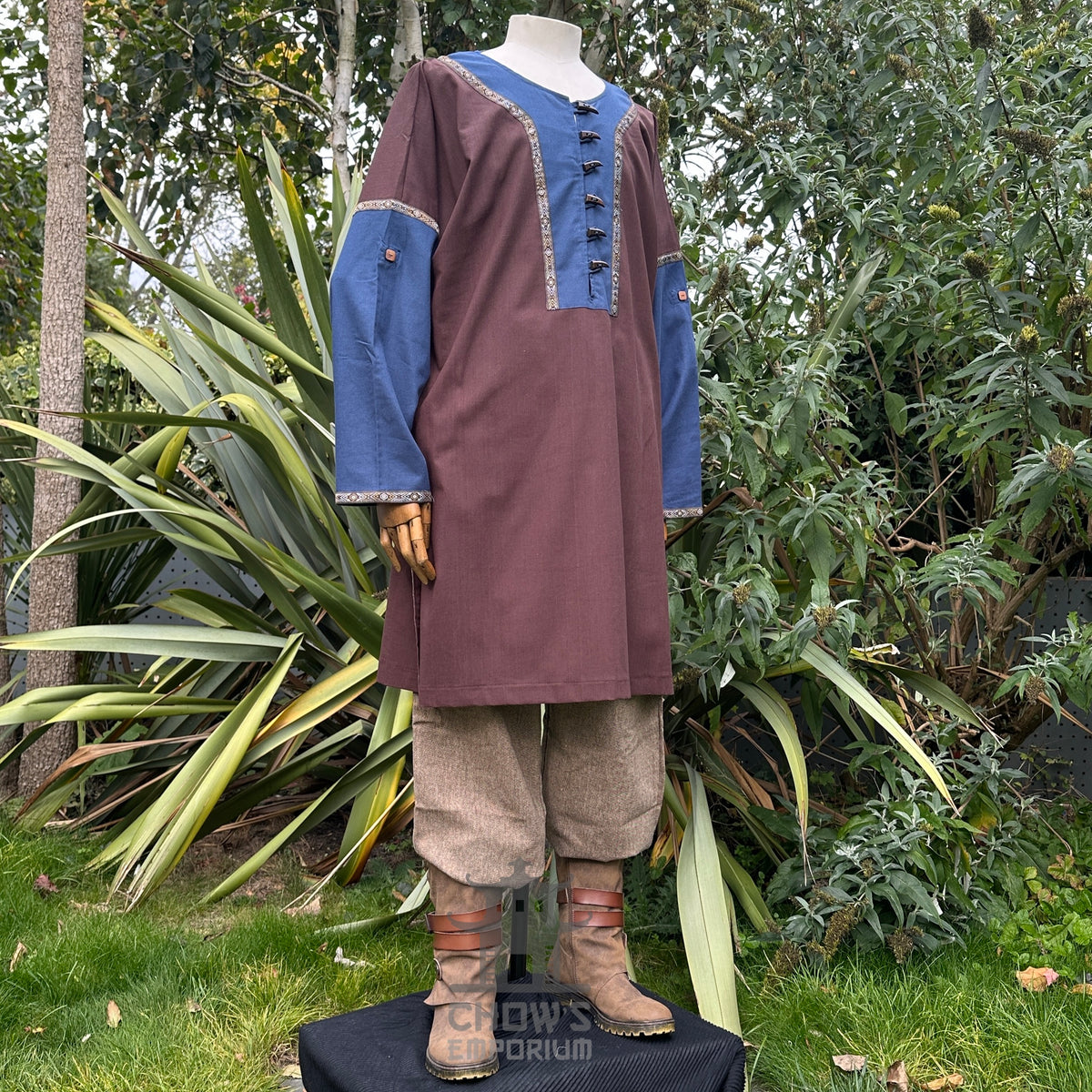 Brown and blue medieval LARP tunic with trousers and sash, front view.