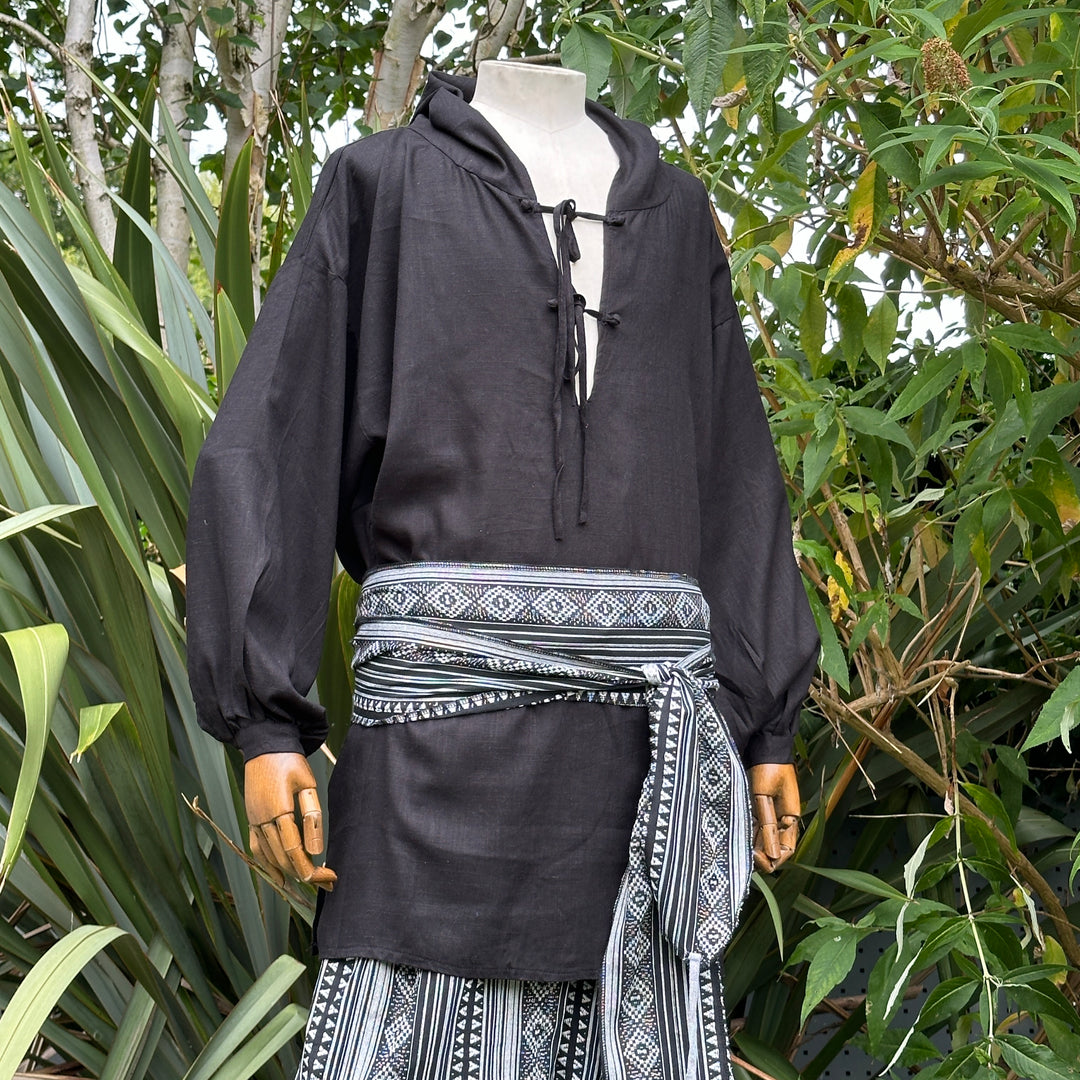 Black hooded shirt with white sash and pants, LARP medieval style outfit.