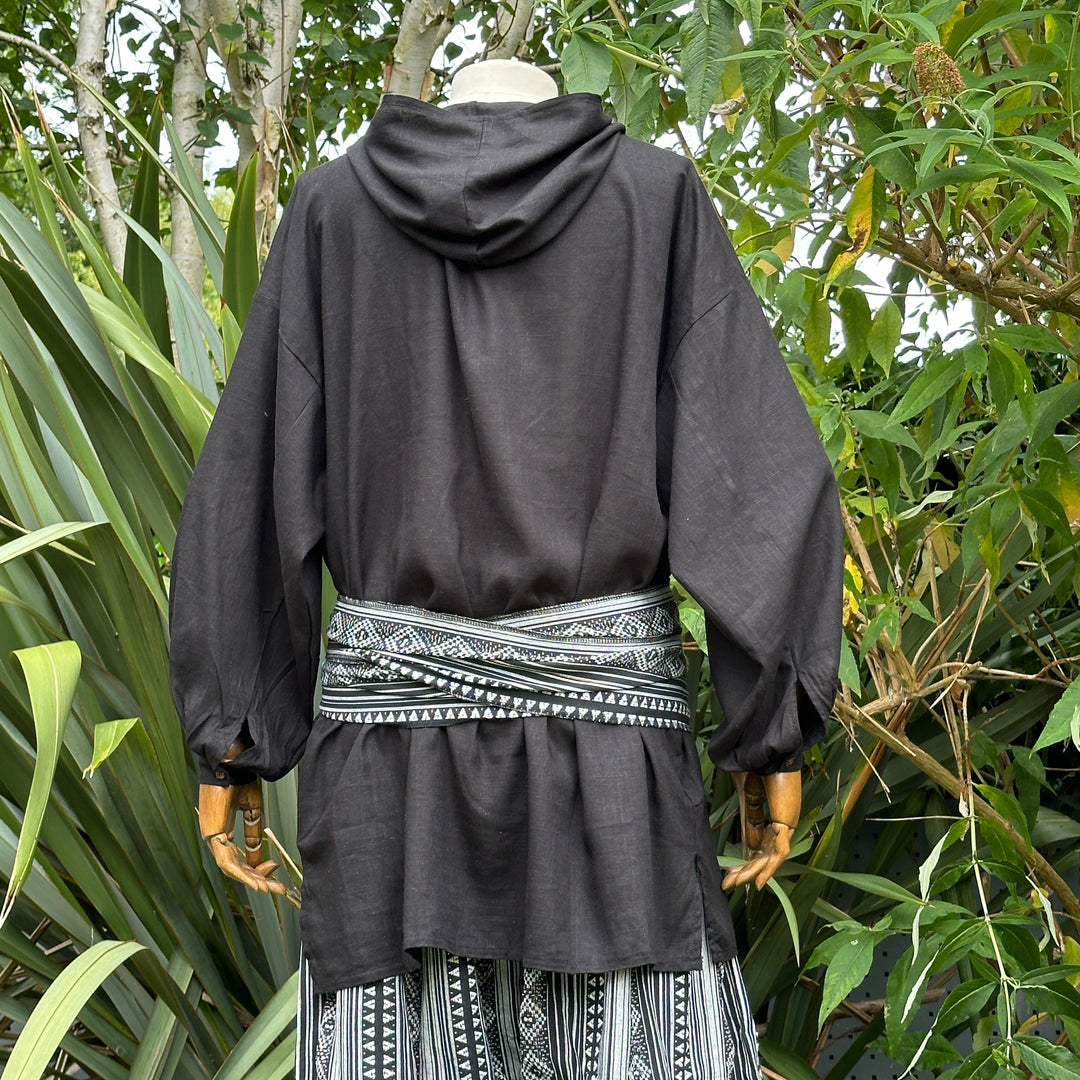 unisex black linen cotton medieval shirt with hood.