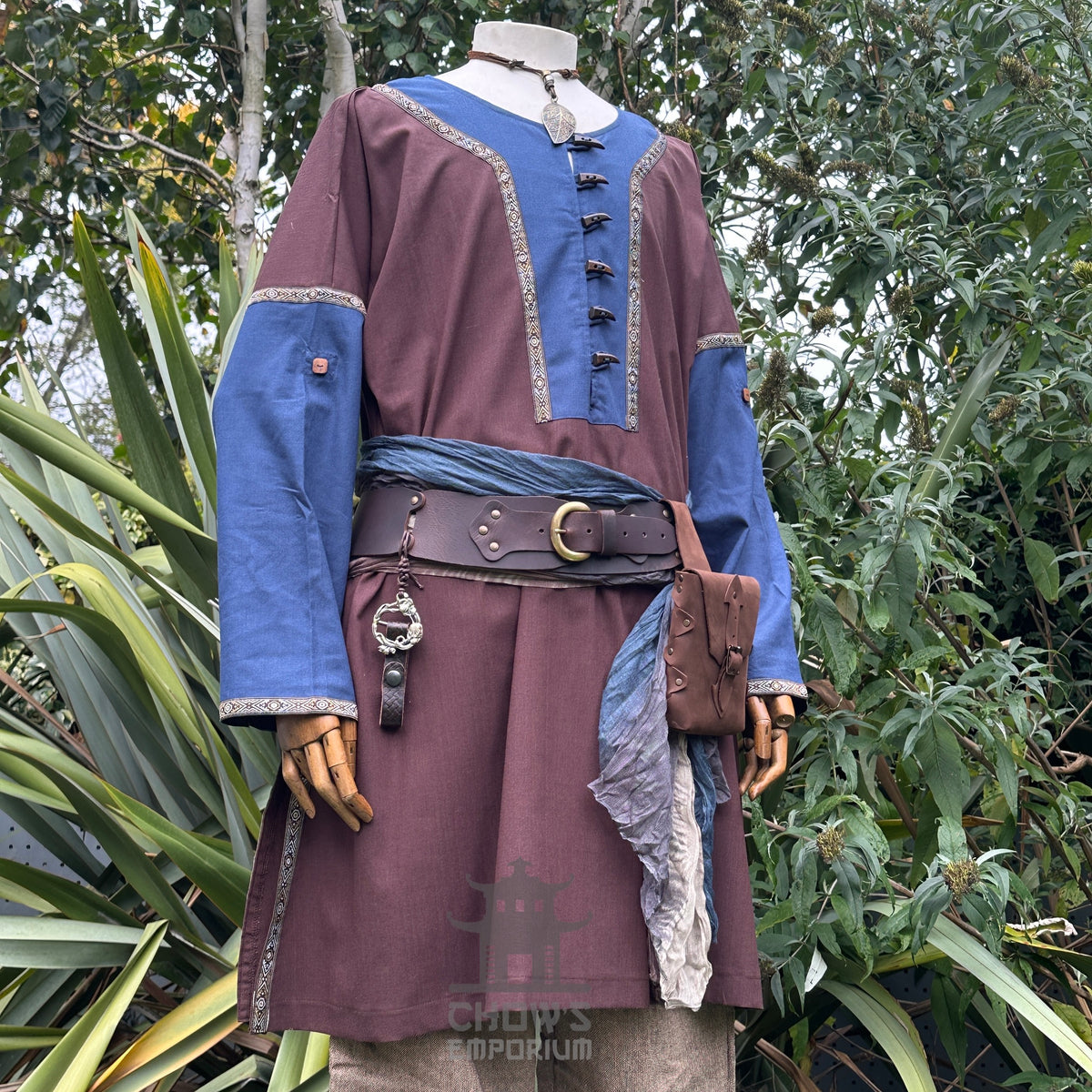 LARP outfit with brown tunic, blue sash, trousers, medieval style, front view.