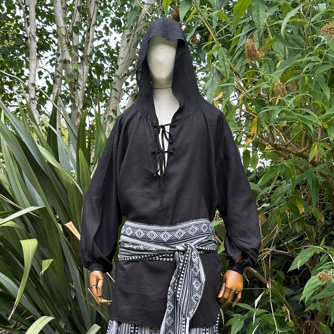 cotton-linen hooded medieval shirt in black for fantasy costume.