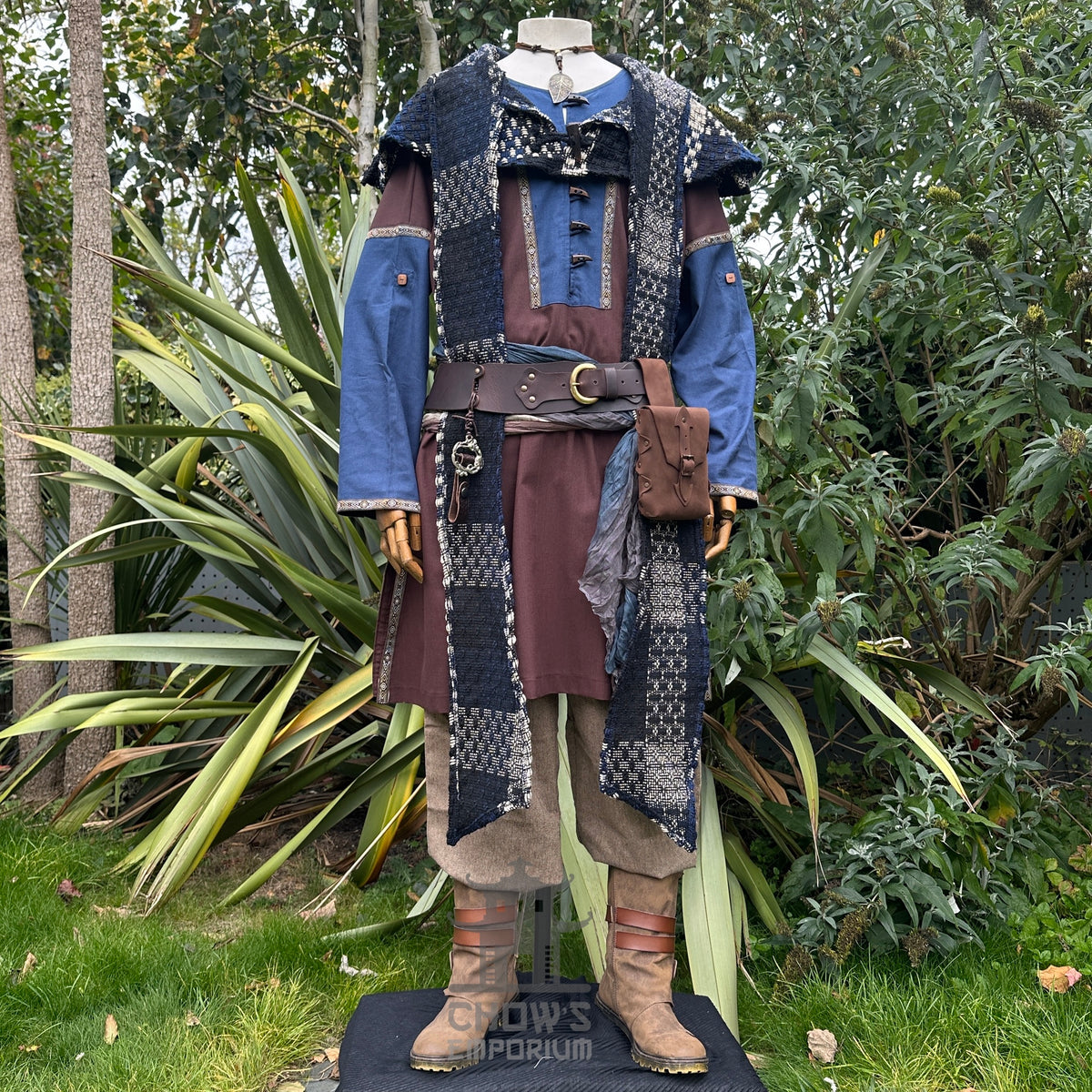 LARP basic outfit with brown tunic, blue hood, trousers, and sash, front view.