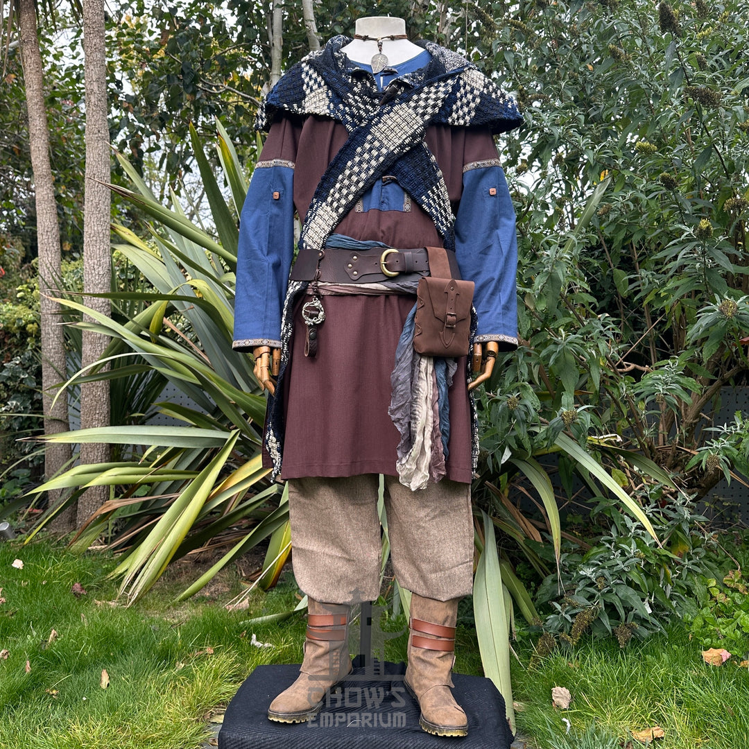 Blue and white check wool scarf hood in medieval LARP style, front view.