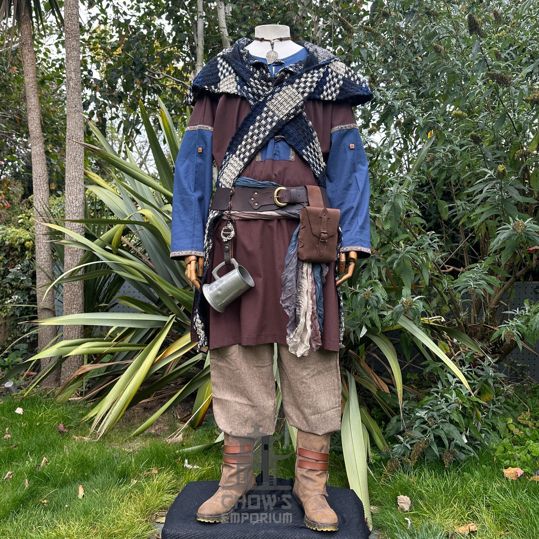 Medieval LARP ranger outfit, brown robe, blue tunic, front view.