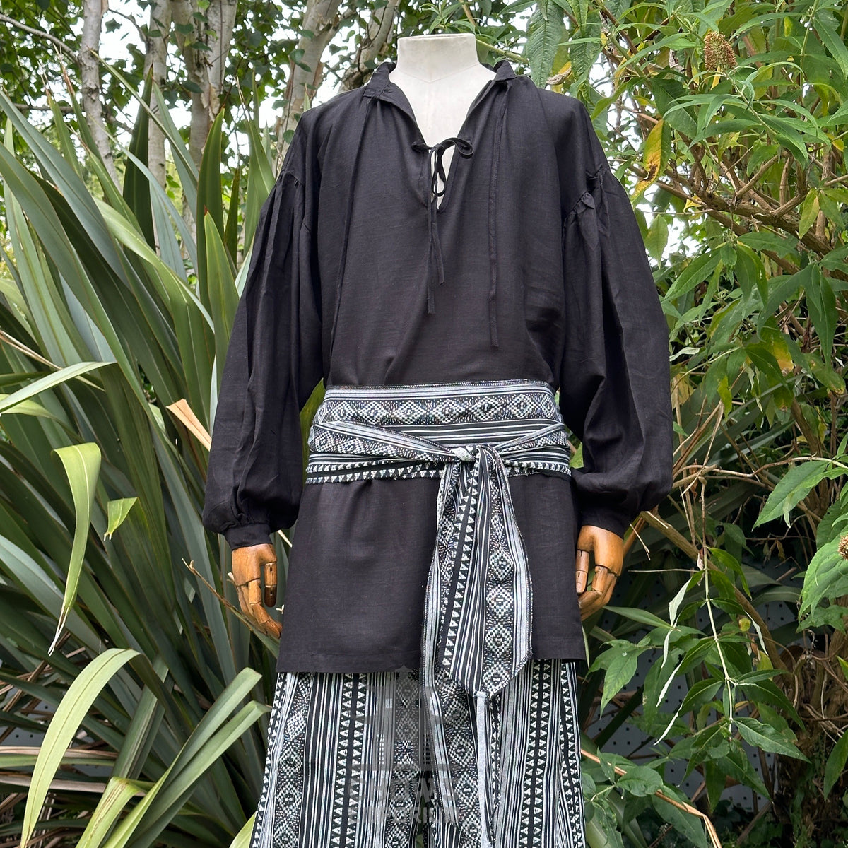 Black cotton linen medieval shirt, front view for LARP.