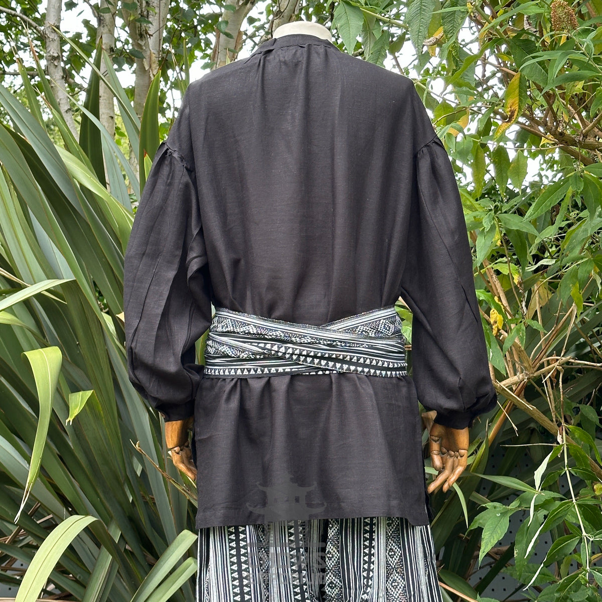 Black medieval LARP robe set with patterned sash, back view, fabric details.