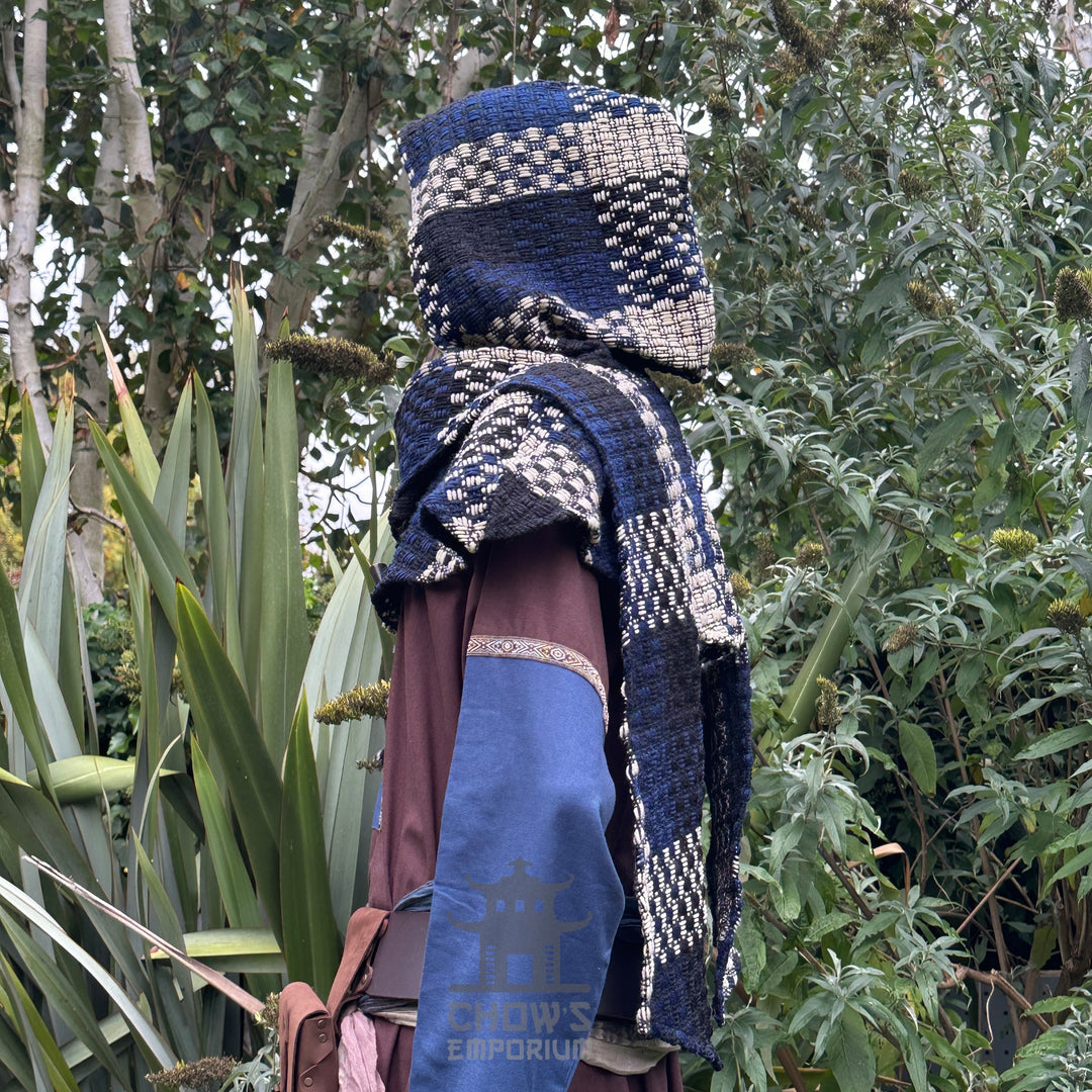Blue and white check wool scarf hood for LARP costume, side view.