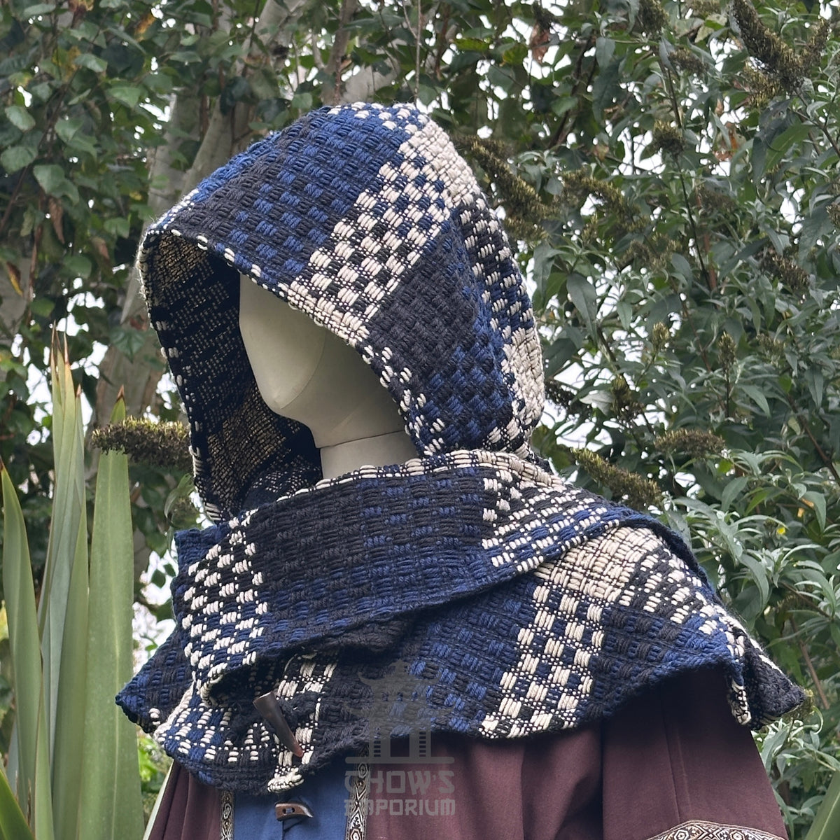 Blue and white check wool scarf hood, medieval LARP style, side view.
