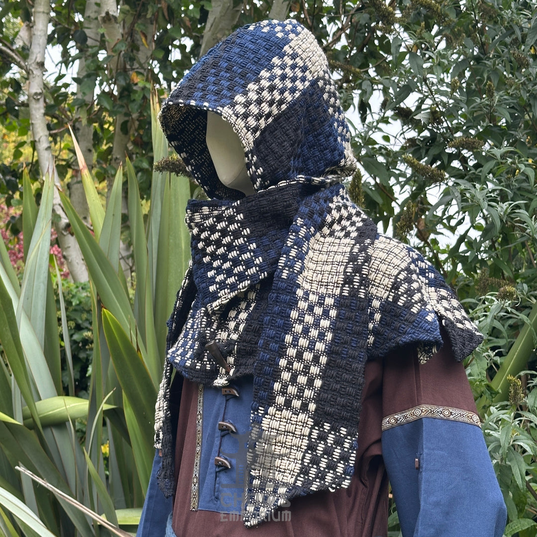 Blue and white check wool scarf hood, side view for LARP.