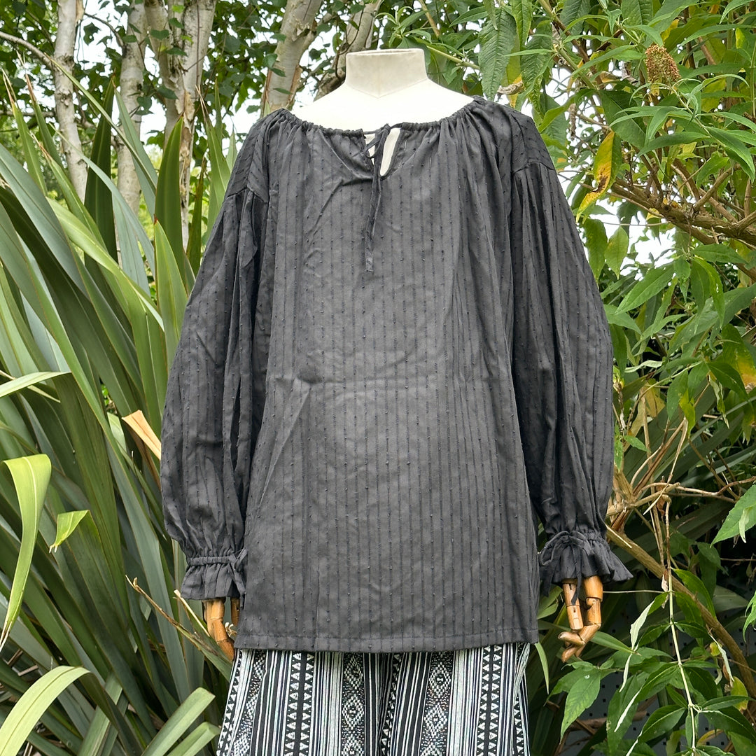 Black cotton medieval shirt with round neck, front view, LARP-ready garment.
