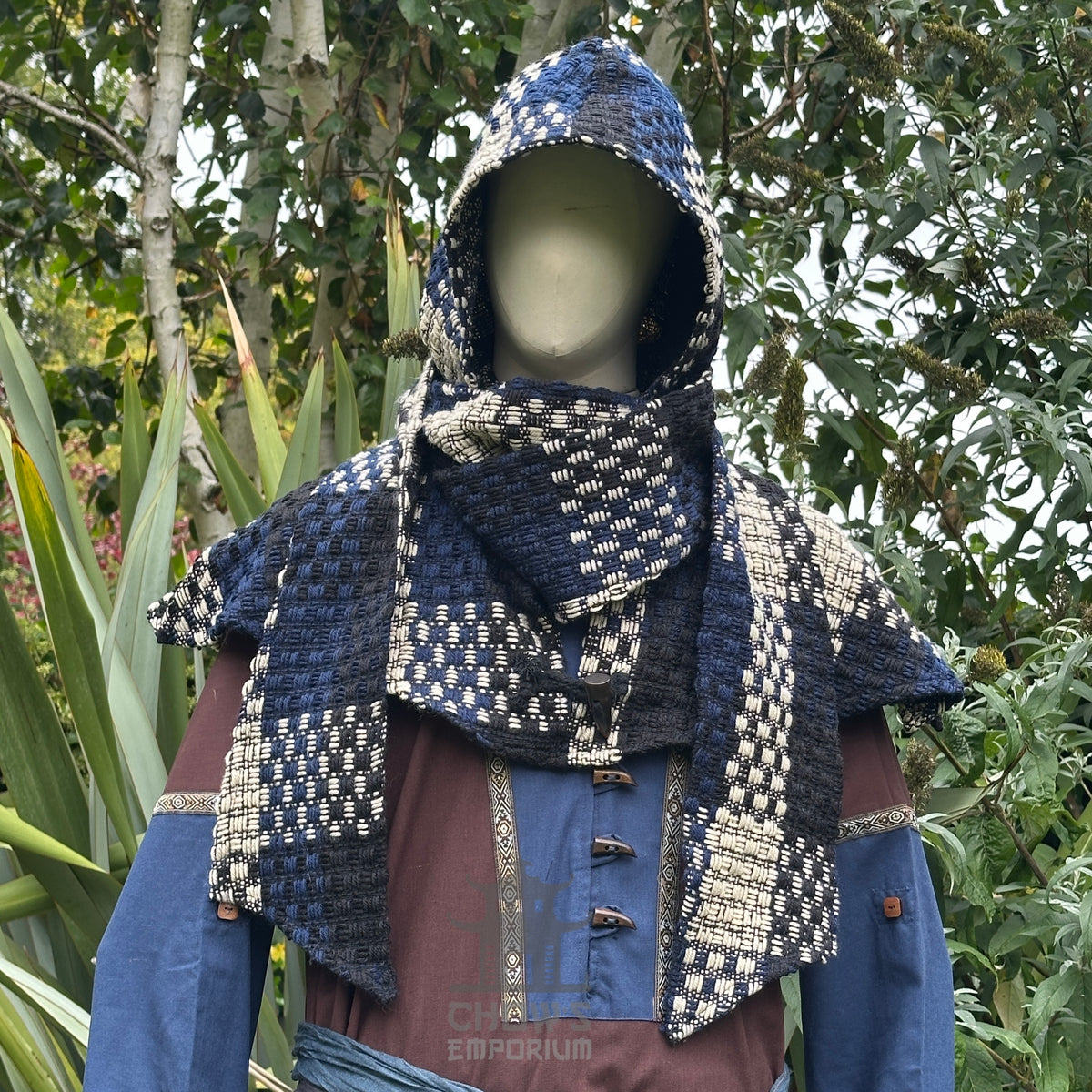 Blue and white check wool scarf hood on medieval LARP costume mannequin.