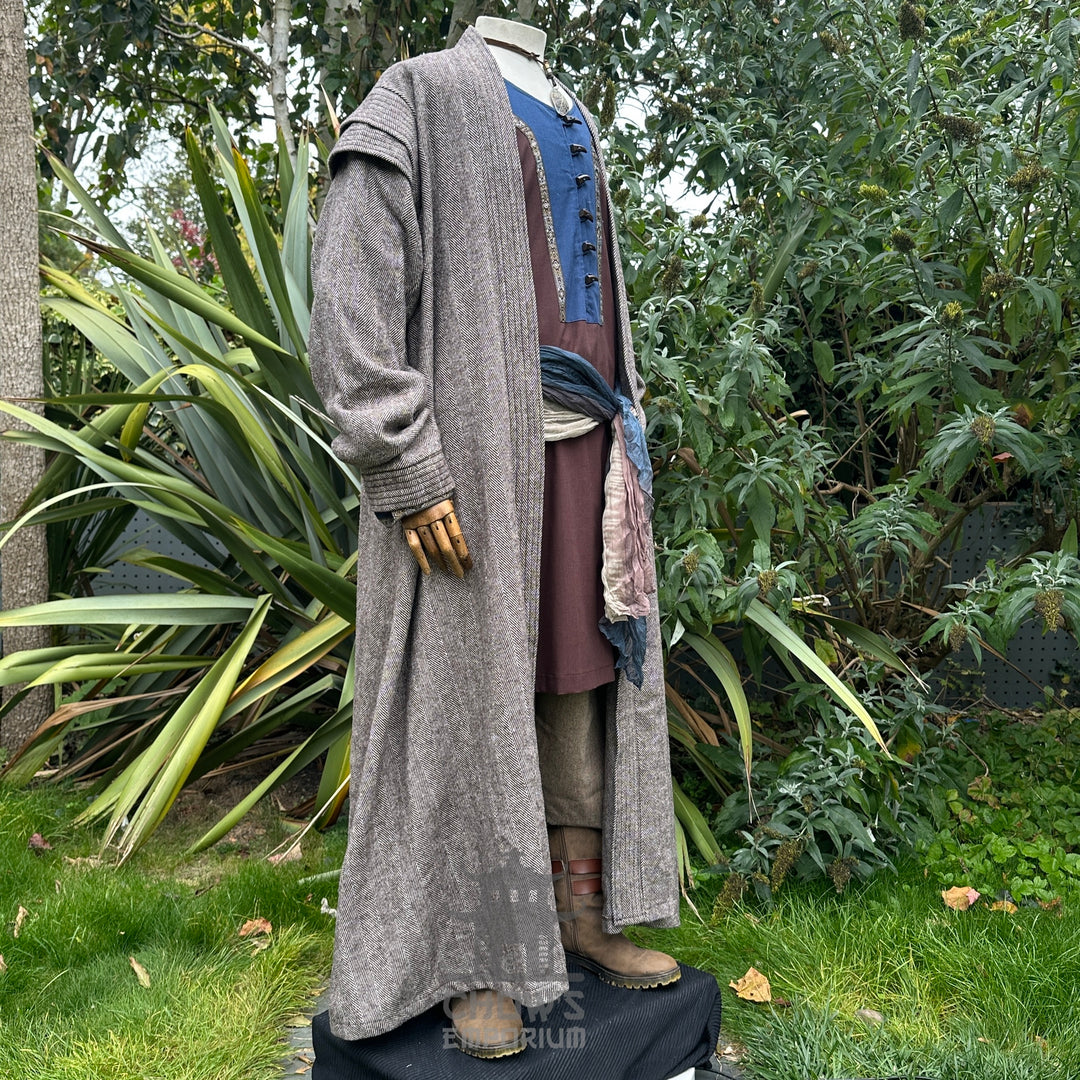LARP Sand Mage set with grey robe, blue tunic, brown pants, crinkled sash.