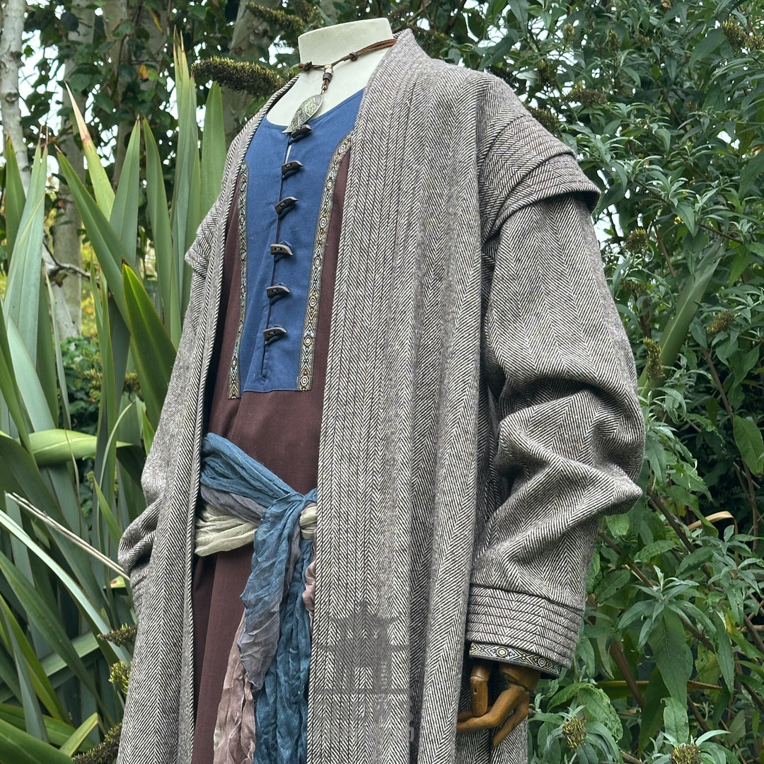 LARP Sand Mage Set: grey herringbone robe, blue brown tunic, sash.
