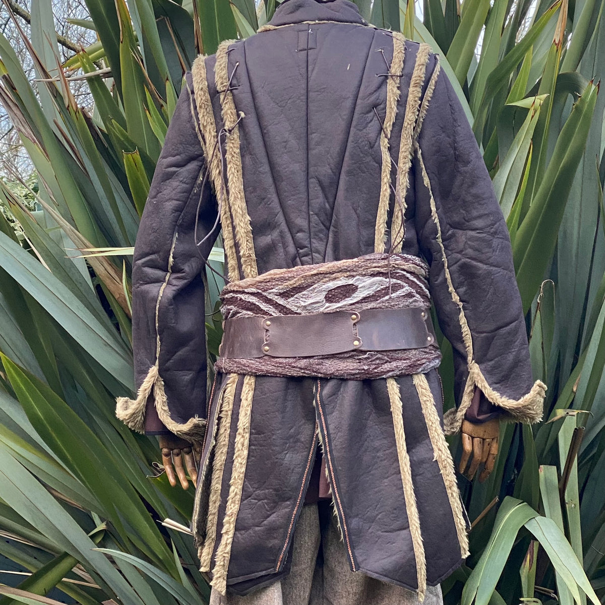 Dark brown medieval jacket with rustic trim, rear view, suitable for LARP events.