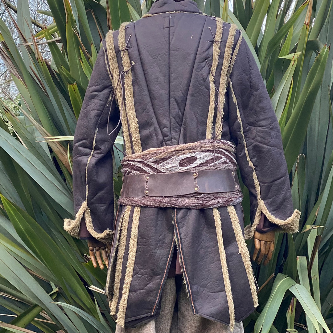 Dark brown medieval jacket with rustic trim, rear view, suitable for LARP events.