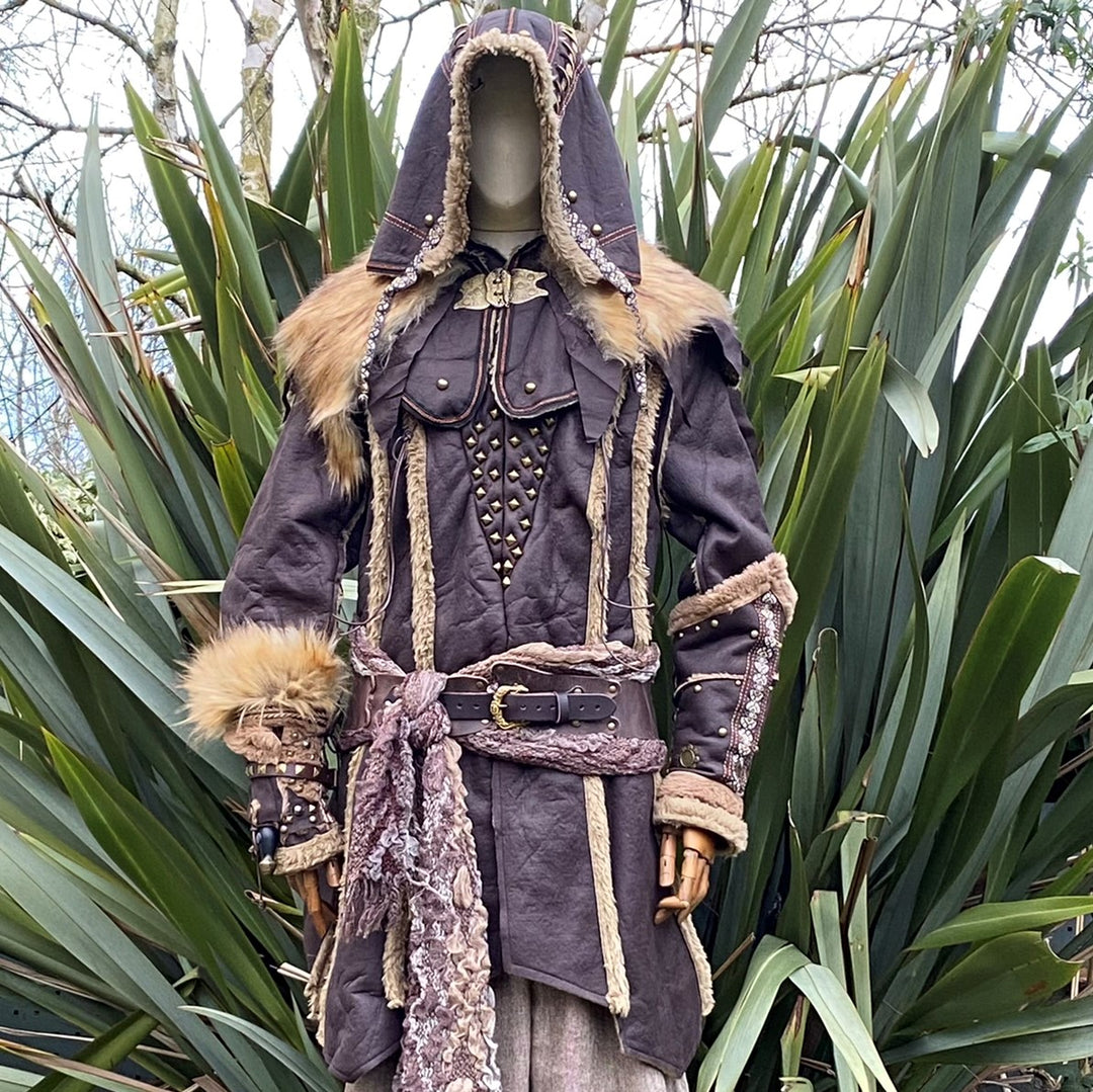 Barbarian LARP set with tunic, hood, vambraces, brown fabric, fur trim.