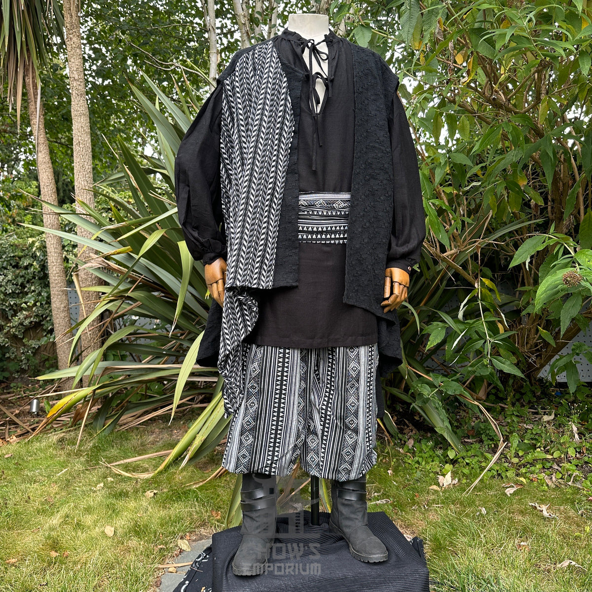 Medieval LARP costume set with black robe, patterned pants, and accessories.