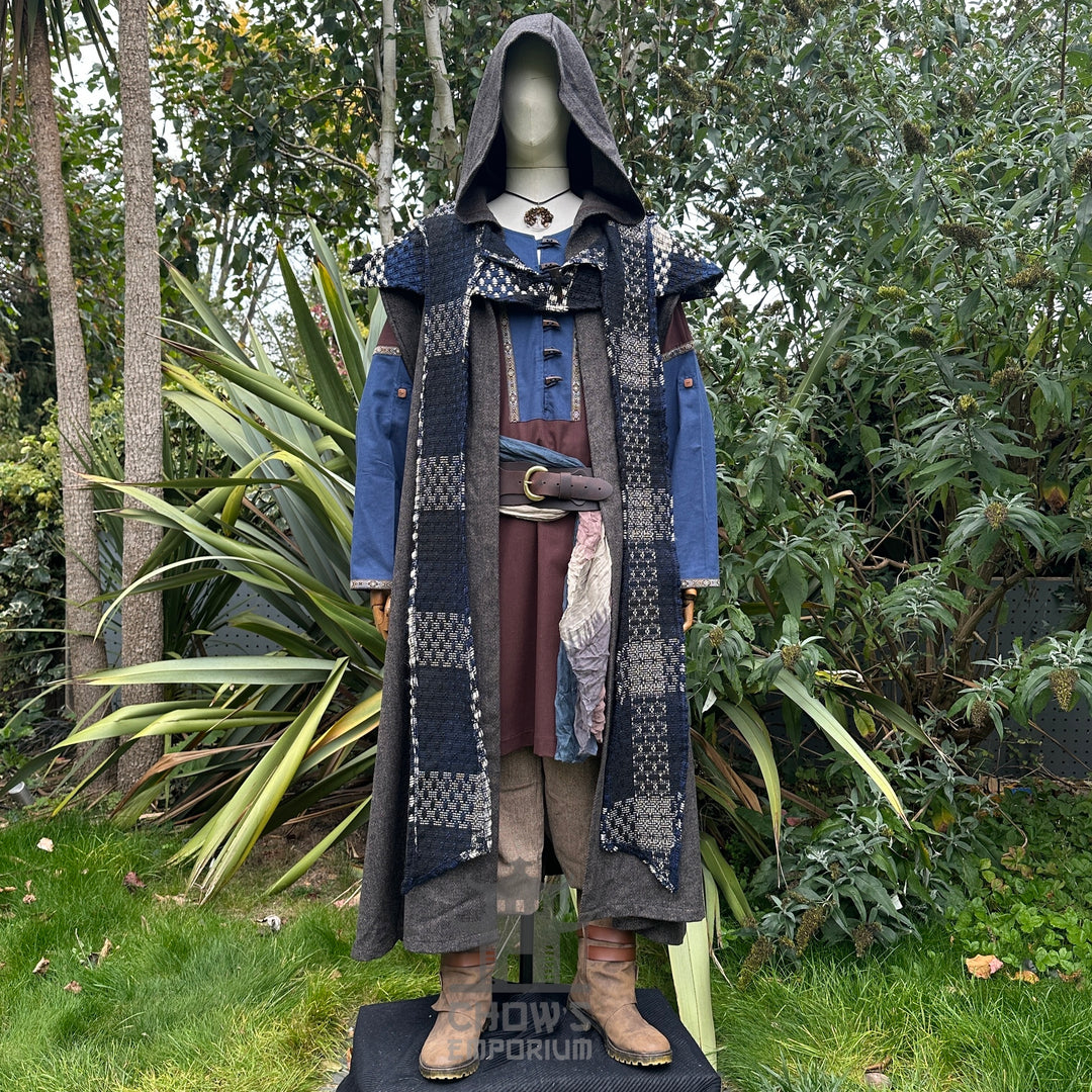 Medieval LARP ranger outfit with tunic, hood, and belt, front view.