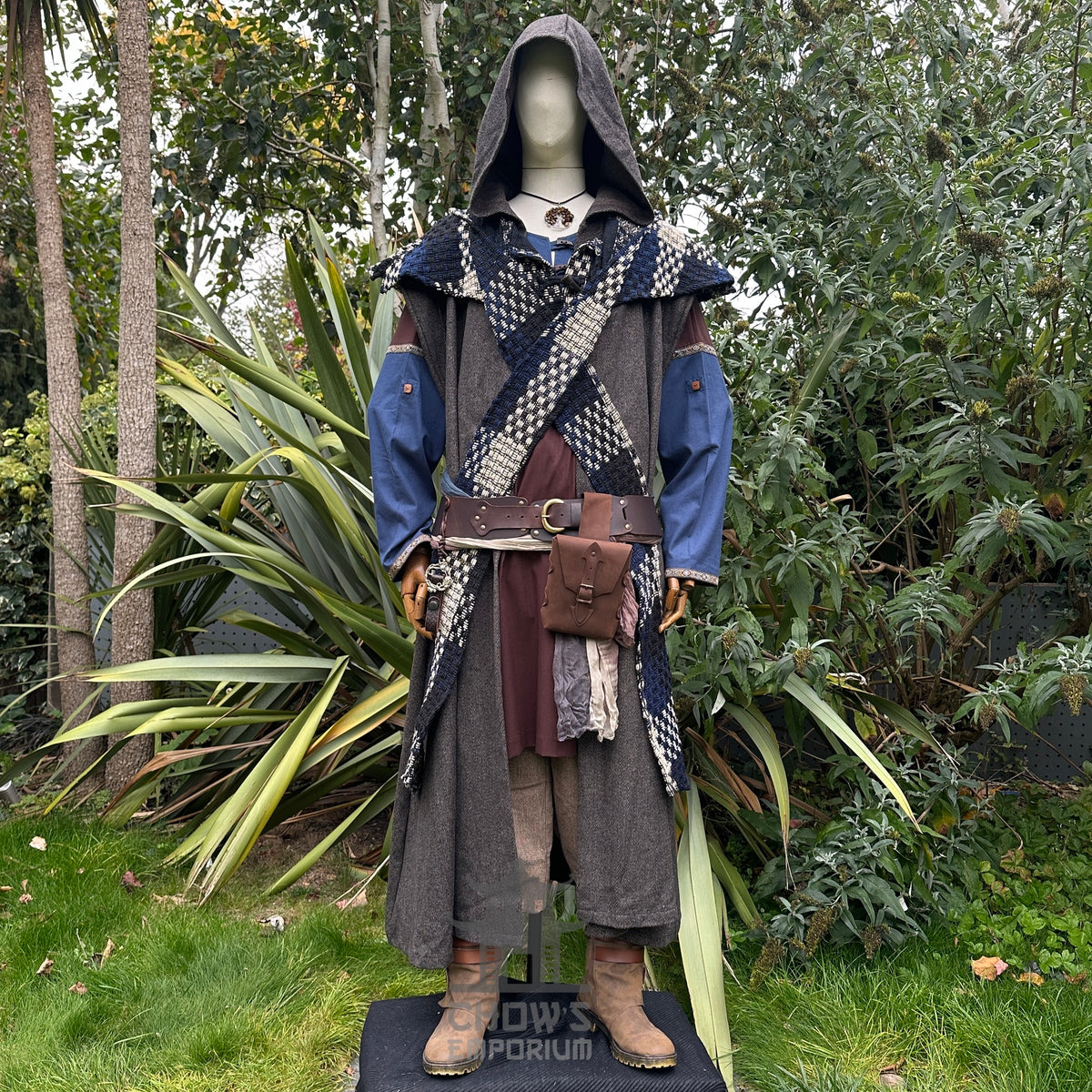 Medieval LARP outfit front view, featuring brown hooded robe, tunic, trousers, hood, belt and sash.