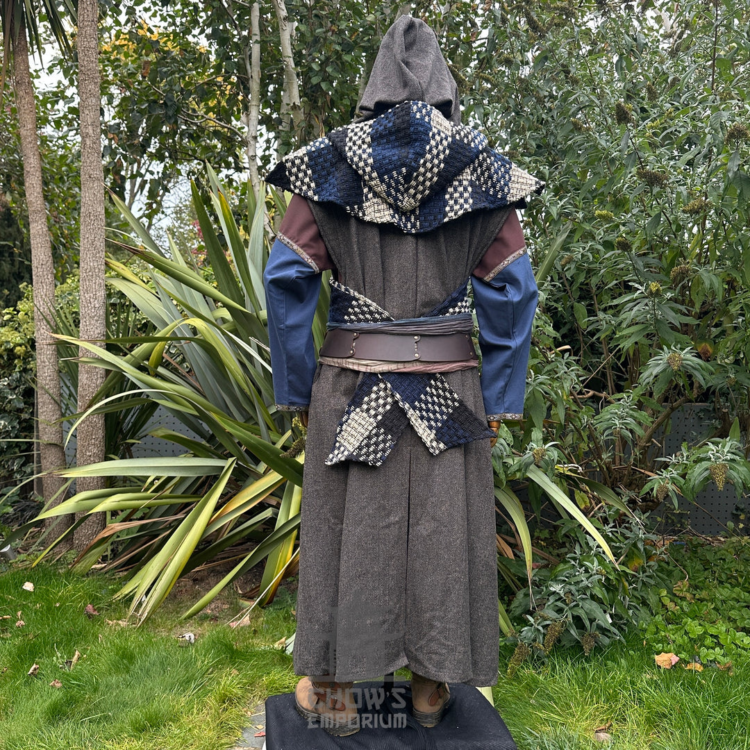 Medieval LARP outfit back view, featuring brown hooded robe, tunic, trousers, hood, belt and sash.