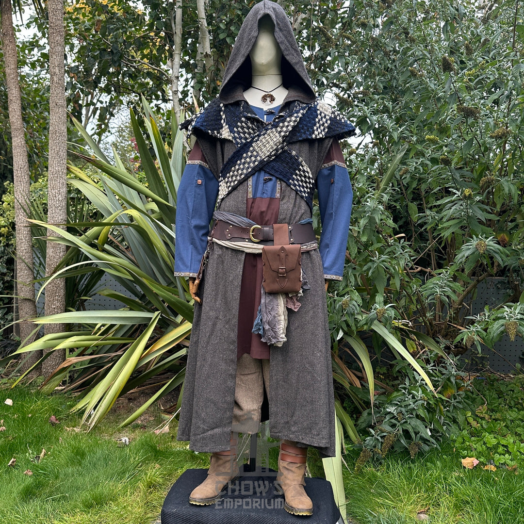 Medieval Ranger LARP outfit with hooded robe, belts, tunic, and sash.