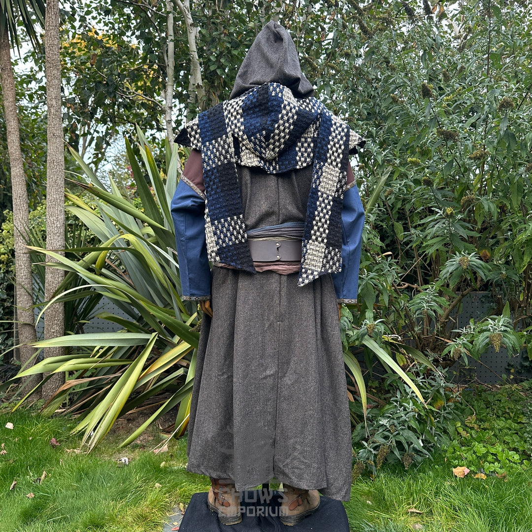 Medieval ranger LARP outfit with grey robe, hood, and checkered shoulder sash.