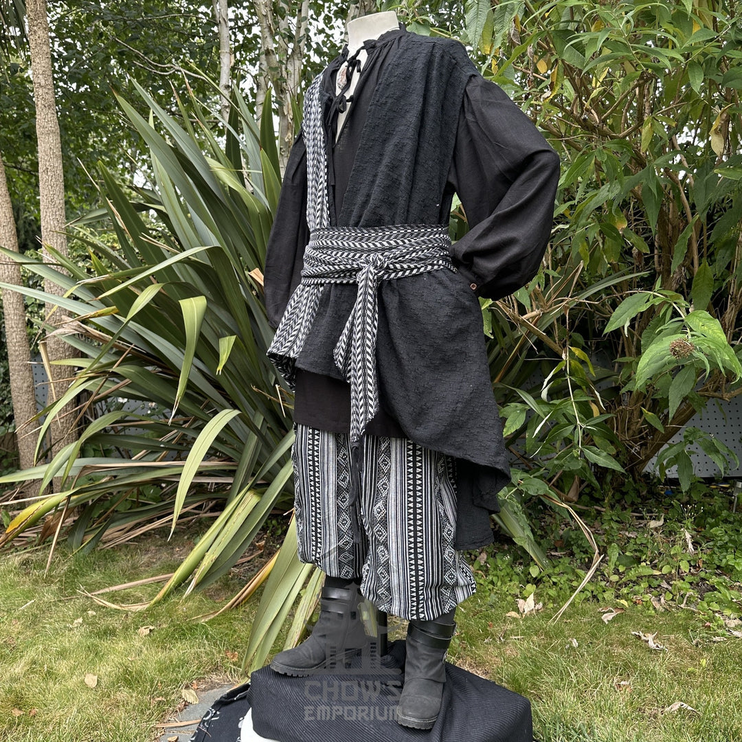 Black and white pirate waistcoat with sash for LARP, front view.