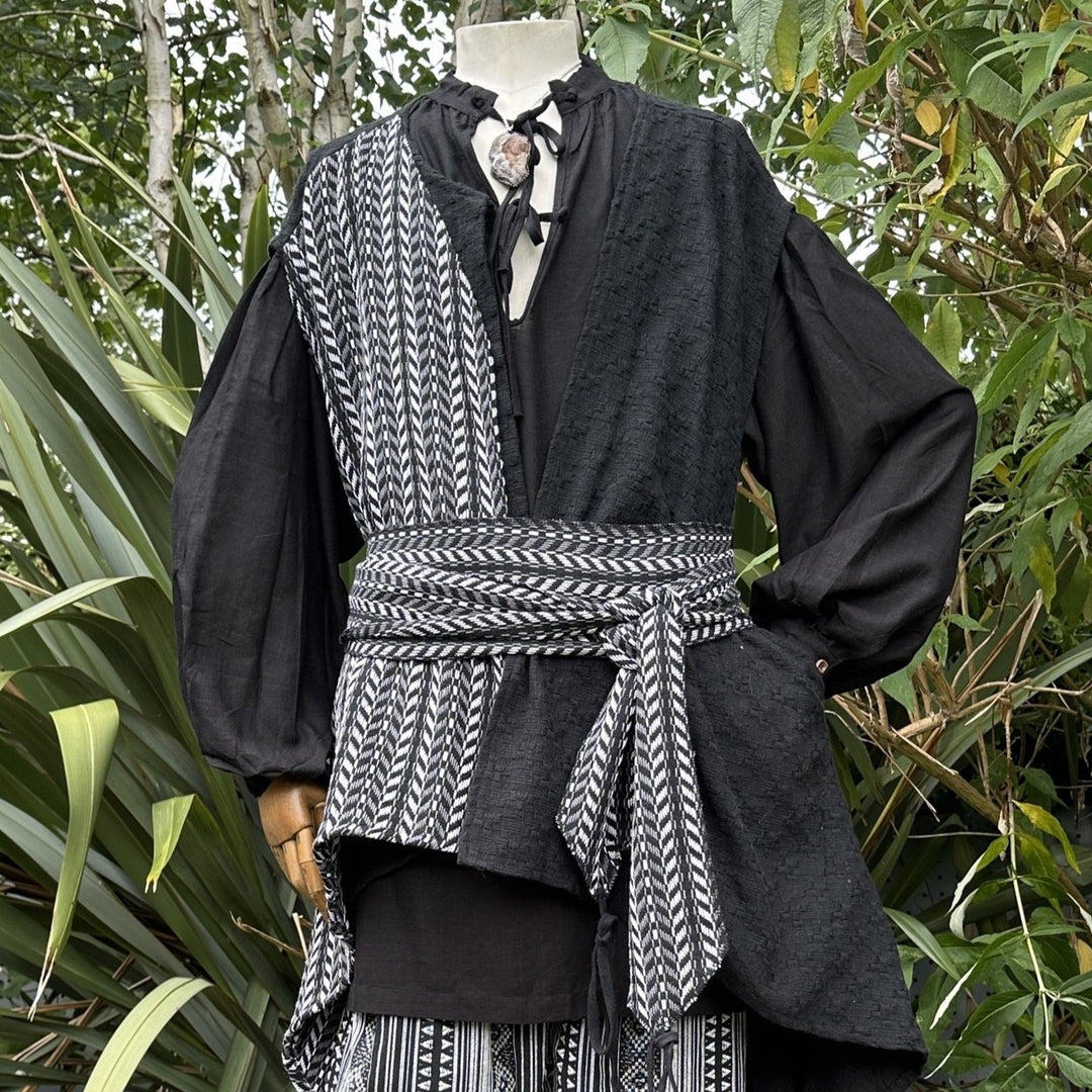 Black and white medieval LARP robe with sash and waistcoat, front view.