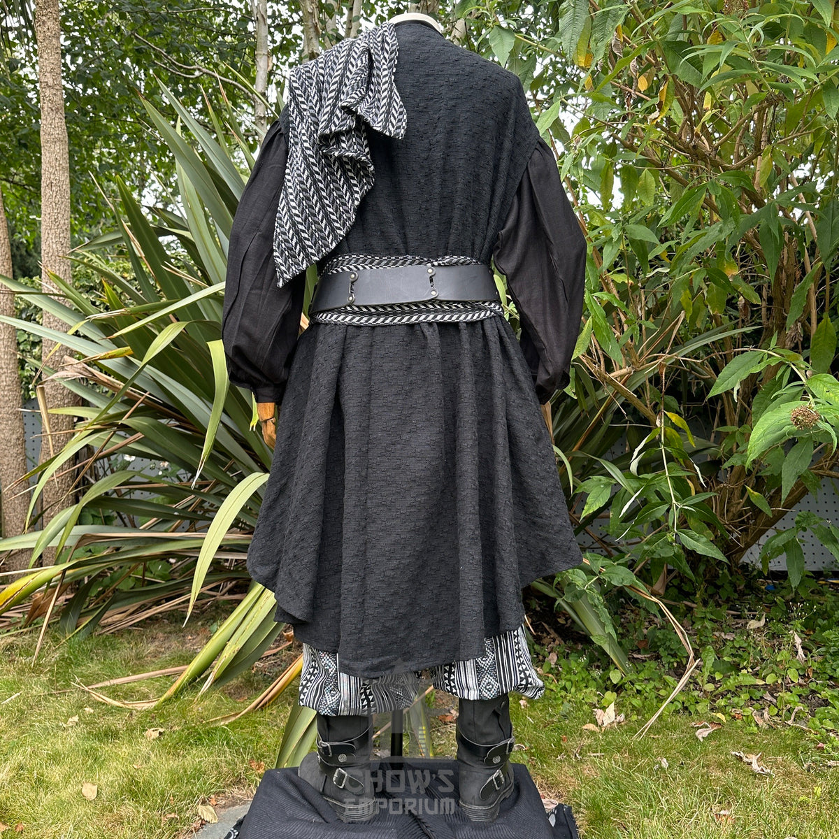 Black medieval LARP set with robe, waistcoat, and striped sash, back view.