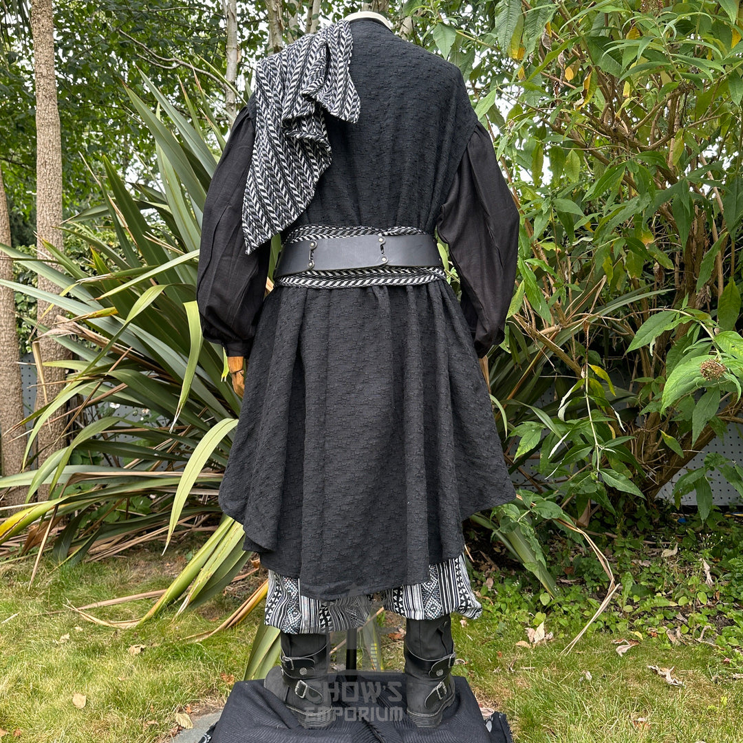 Black medieval LARP set with robe, waistcoat, and striped sash, back view.