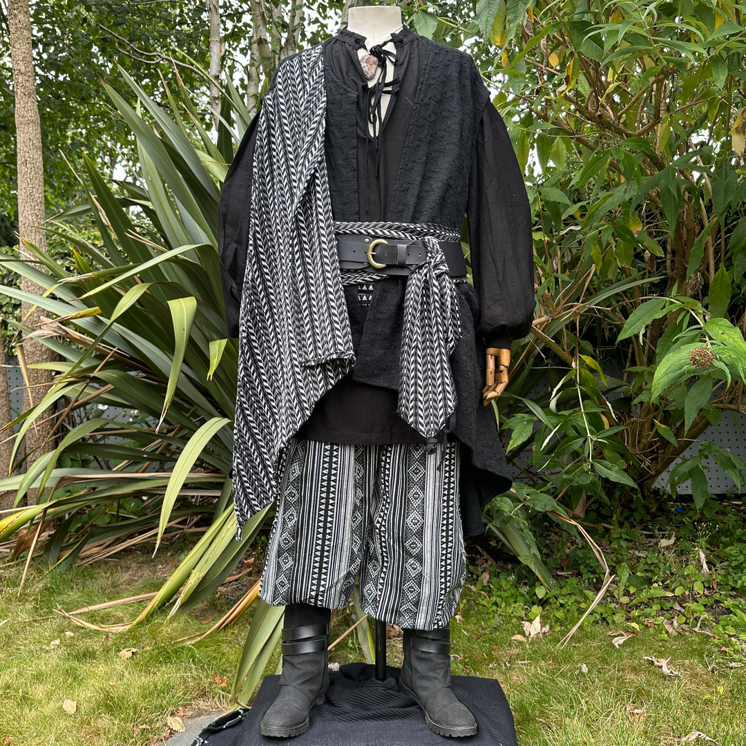 black and white pirate waistcoat styled for cosplay and Ren faire with belt.